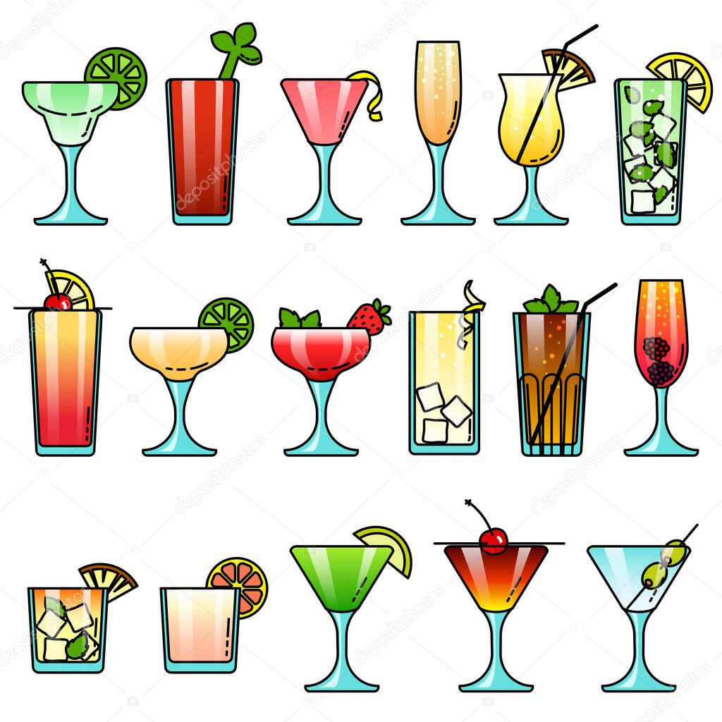 Popular colorful alcohol cocktail drink glasses icon set for menu, party, branding, web, app design in cartoon style. Isolated objects vector illustration