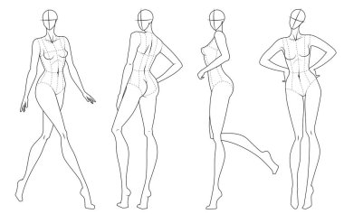 10 Başlı Moda Şablonu. Moda Tasarım ve İllüstrasyon için abartılı Croquis. Vektör İllüstrasyonu