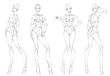 Female Ten Heads Figure Poses Template Croquis for Fashion Design. Vector Illustration