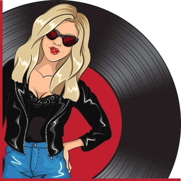 漫画スタイルレッドリップスティック サングラスとレコードの背景を持つかわいいロックレディ ベクターイラスト — ストックベクタ