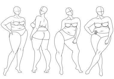 Artı Boyut Moda Şablonları. Moda Tasarım ve İllüstrasyon için abartılı Croquis. Vektör İllüstrasyonu