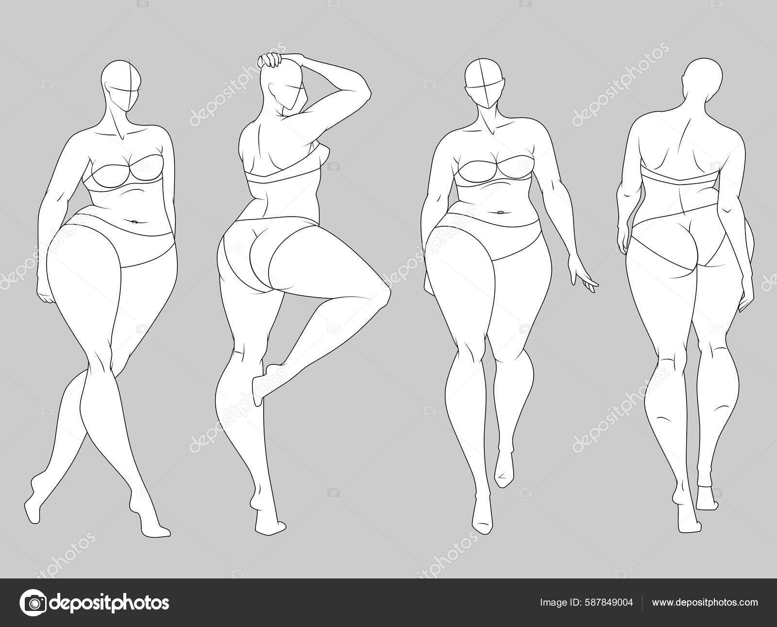 Curvy 10 Heads Fashion Figure Templates. Exaggerated Croquis for