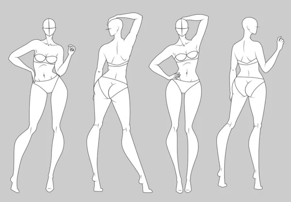 Figurine Mode Dix Têtes Modèle Conception Croquis — Image vectorielle