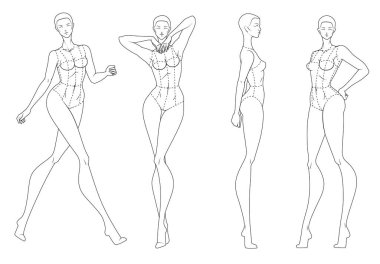 Moda figürü on baş tasarım şablon kroki korse giyen