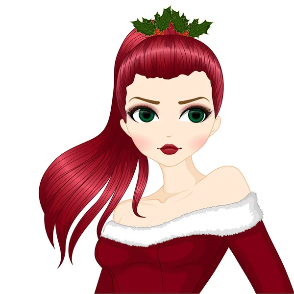 Rödhårig Kvinnlig Seriefigur Med Gröna Ögon Santa Outfit Jultema Vektor — Stock vektor