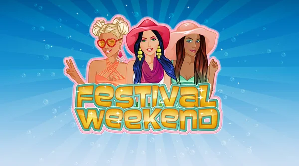 Festival Weekend Theme Layar Judul Dengan Karakter Perempuan Latar Belakang - Stok Vektor