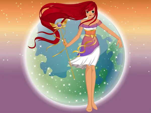 Fantasy Manga Style Princess Long Red Hair Hazy Planet Background — Stock Vector