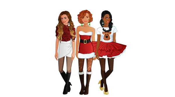 Conjunto Femenino Personajes Femeninos Con Trajes Navidad Ilustración Vectorial — Archivo Imágenes Vectoriales