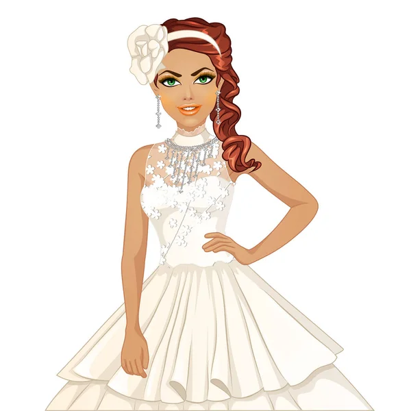 Cute Cartoon Bride Red Hair Wedding Gown Vector Illustration — Stock Vector