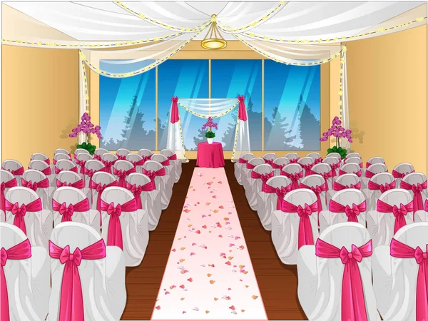 Svatební Místo Oltářem Židlemi Růžovými Luky Vektorová Ilustrace — Stockový vektor
