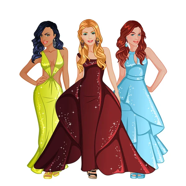 Beauty Pageant Θέμα Όμορφοι Γυναικείοι Χαρακτήρες Φορώντας Βραδινά Φορέματα Εικονογράφηση — Διανυσματικό Αρχείο