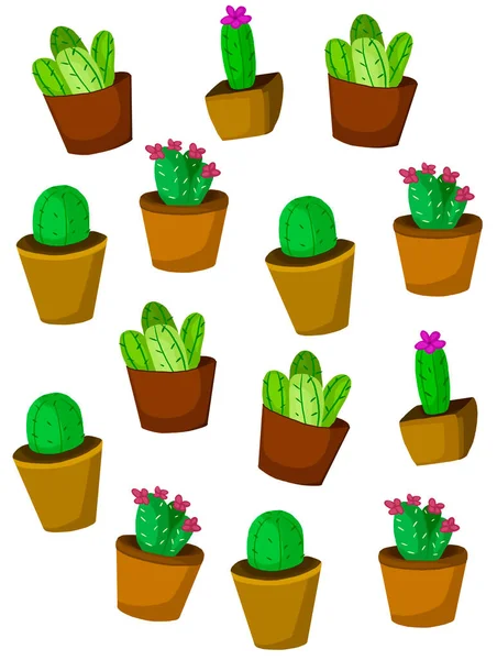 Ensemble de cactus, cactus décoratifs en pots agréable ensemble de cactus dessin animé ensemble icône cactus avec fleur — Photo