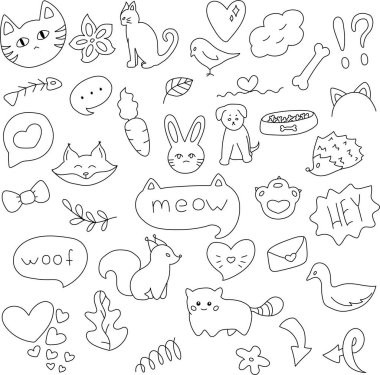 Vektör illüstrasyonu Karalama Çeşitli Elementler Hayvanları Bitki Örnekleri, Şirin çizimler