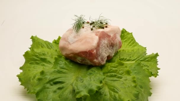 Pieces Frozen Rotating Meat White Background Which Blows Frosty Freshness — Stockvideo