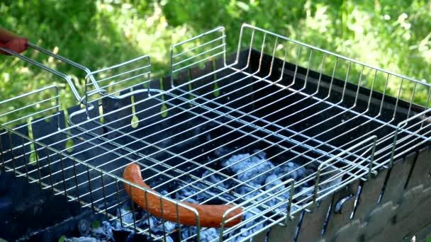 Man Putting Sausages Grill Grilled Fresh Meat Sausages Open Air — ストック動画