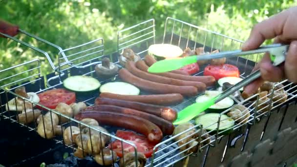 Roasting Grill Fried Sausages Vegetable Grill Outdoors Fried Food Fried — Stockvideo