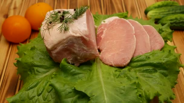Fresh Raw Pork Meat Close Preparing Frying Pork Steak Rotation — Stockvideo