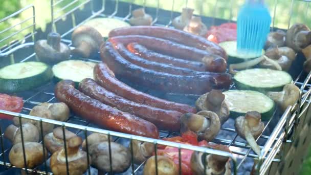 Fried Sausages Vegetables Mushrooms Smeared Cooking Brush Grilled Sausages Grilling — Αρχείο Βίντεο
