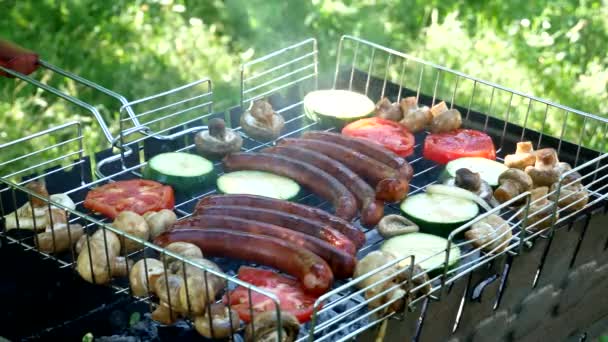 Roasting Grill Fried Sausages Vegetable Grill Outdoors Fried Food Fried — Αρχείο Βίντεο