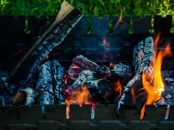 barbecue woods, flame fire, ash coals burning in metal grill preparing for BBQ outdoors green grass in sunny daytime backyard. smoke going up from burning wooden logs, campfire orange flames