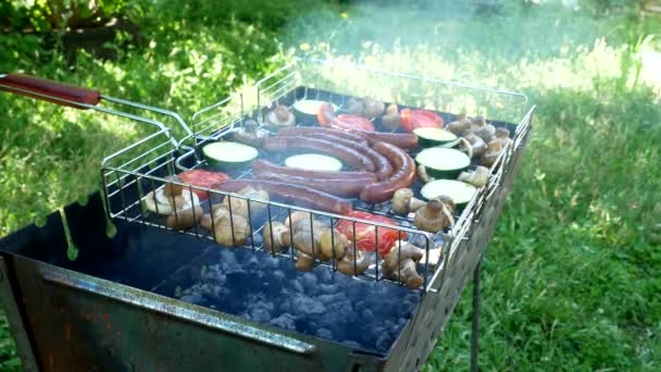 Sausages Grilled Vegetables Grill Outdoors Grilled Food Barbecue Close — Stockvideo