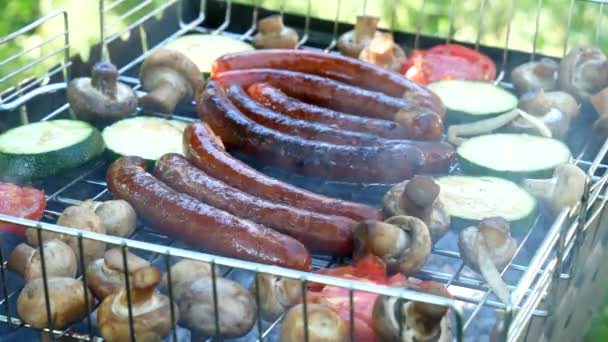 Roasting Grill Fried Sausages Vegetable Grill Outdoors Fried Food Fried — Stock videók