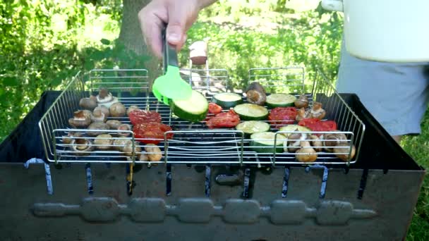 Roasting Vegetables Grill Assorted Vegetables Cook Puts Tomatoes Zucchini Grill — Stockvideo