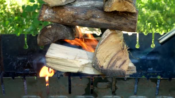 Man Using Portable Gas Turbo Burner Sets Fire Firewood Barbecue — Vídeos de Stock