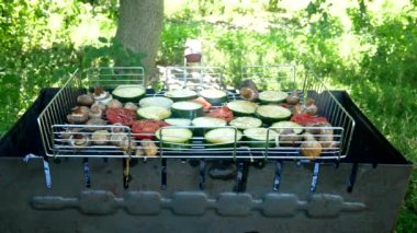 Sausages and grilled vegetables on the grill, outdoors. Grilled food, barbecue. Fanning fire. B-B-Q. Concept food picnic and camping. Close-up