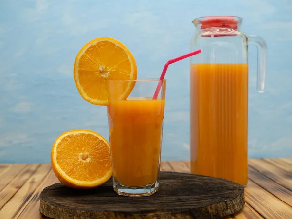 Natural Orange Juice Jug Wooden Table Blue Background — Stock Photo, Image