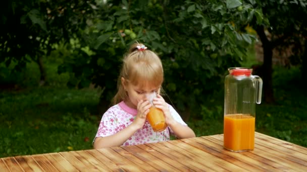 Little Girl Drinks Orange Juice Garden Child Drinks Orange Juice — Stockvideo