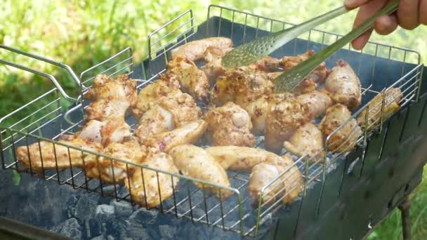 Fried Chicken Meats Grill Outdoors Fried Food Fried Smoked Charcoal — ストック動画