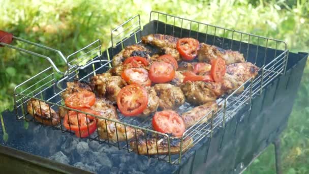 Fried Chicken Meats Tomatoes Grill Outdoors Fried Food Fried Smoked — Wideo stockowe