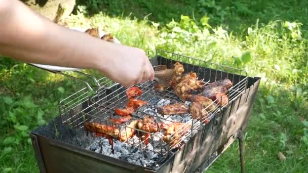 Grilled Chicken Being Placed White Plate Fried Chicken Meats Open — Stockvideo