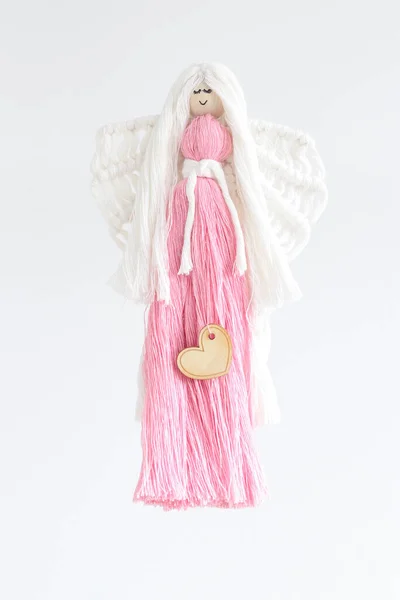 Macrame Hand Woven Cord Guardian Angel Wings Pink Dress White — Stock Photo, Image