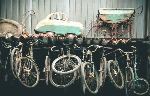 Collection Very Old Worn Out Strollers Bicycles — Zdjęcie stockowe