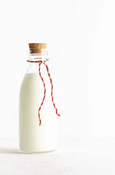 Bottle Milk Red Brown String White Background — Stock Photo, Image