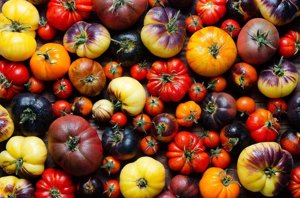 A wide variety of tomatoes on a board. 