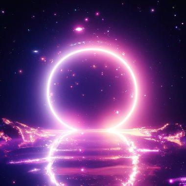 3D Rendering of Neon Rings, Infinity Rings, Reflection, Alien Landscape, Fog, Mountains, Light Ring, Purple Light , Purple Ring