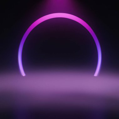 3D Rendering of Neon Rings, Infinity Rings, Reflection, Alien Landscape, Fog, Mountains, Light Ring, Purple Light , Purple Ring