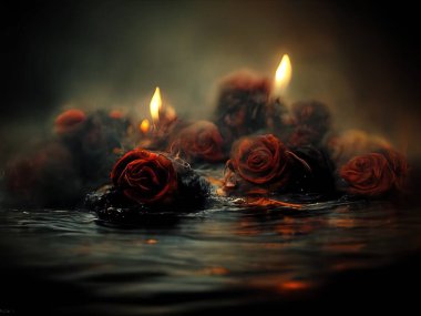Smoldering, burning roses on fire floating on dark water, digital art