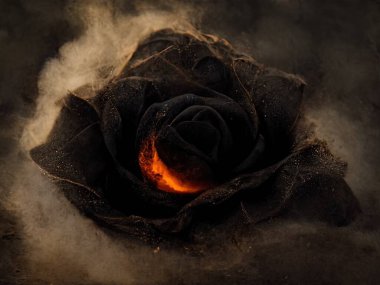 Smoldering, burning roses on fire floating on dark water, digital art