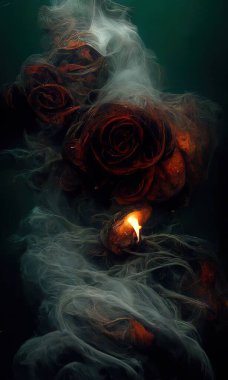 Smoldering, burning roses on fire floating on dark water, digital art