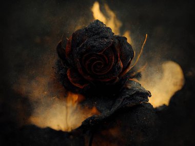 Smoldering, burning roses on fire floating on dark water, digital art