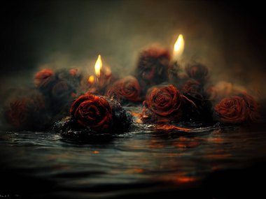 Smoldering, burning roses on fire floating on dark water, digital art