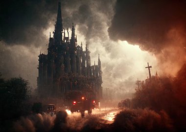 Epic, cinematic, dramatic scene depicting a gothic cathedral, digital art
