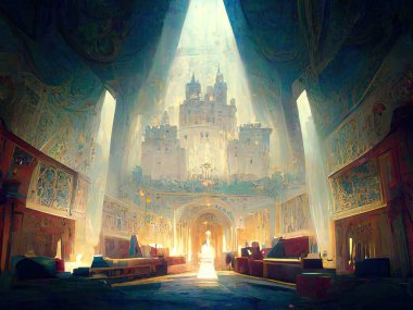 The majestic, visually stunning interior of a royal castle, digital art