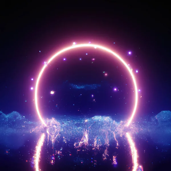 3D Rendering of Neon Rings, Infinity Rings, Reflection, Alien Landscape, Fog, Mountains, Light Ring, Purple Light , Purple Ring