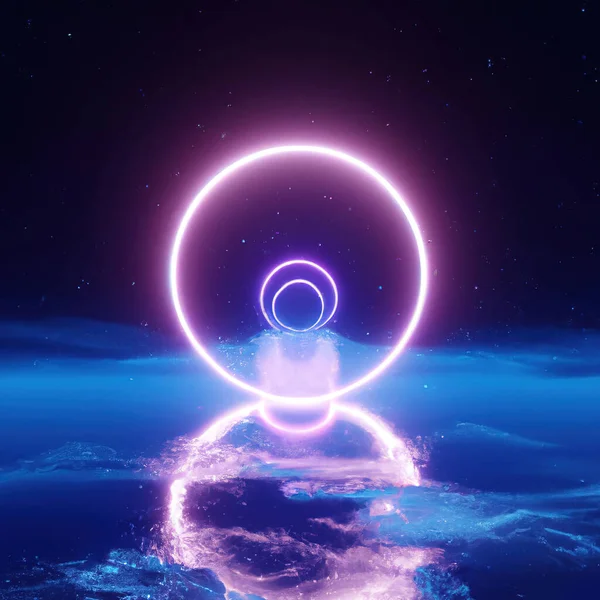 3D Rendering of Neon Rings, Infinity Rings, Reflection, Alien Landscape, Fog, Mountains, Light Ring, Purple Light , Purple Ring