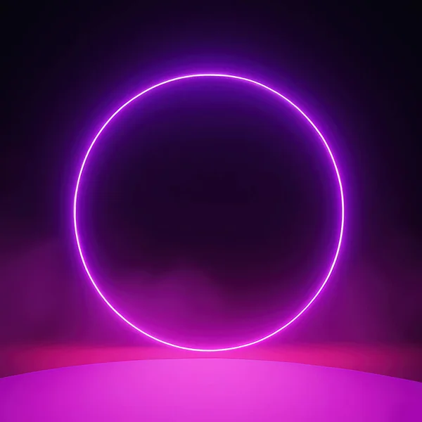 3D Rendering of Neon Rings, Infinity Rings, Reflection, Alien Landscape, Fog, Mountains, Light Ring, Purple Light , Purple Ring